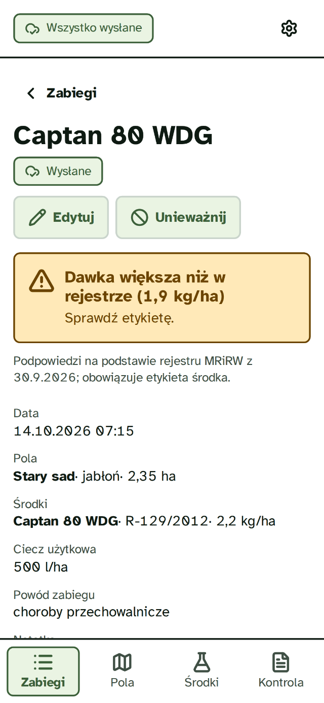 Karta zabiegu z ostrzeżeniem: dawka Captan 80 WDG 2,2 kg/ha większa niż w rejestrze (1,9 kg/ha)
