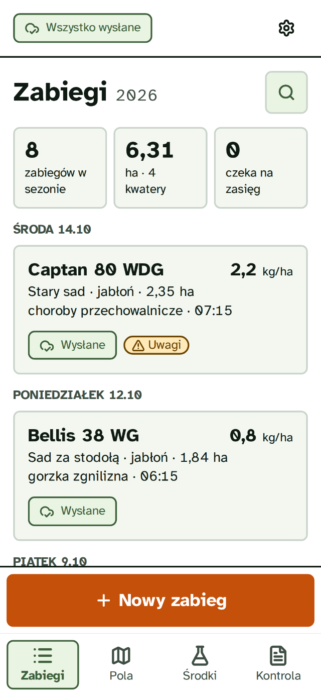 Lista zabiegów w sadzie jabłoniowym: Captan 80 WDG na kwaterze Stary sad, Bellis 38 WG na kwaterze Sad za stodołą, wszystko wysłane